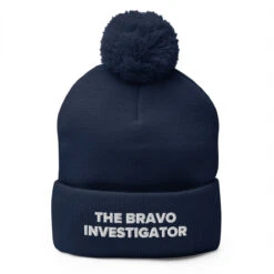 The Bravo Investigator Podcast | Pom-Pom Beanie -Noiré Store pom pom knit cap navy front 67af6bed93d9c