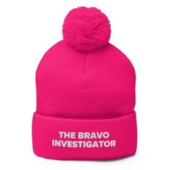 The Bravo Investigator Podcast | Pom-Pom Beanie -Noiré Store pom pom knit cap neon pink front 67af6bed93e17